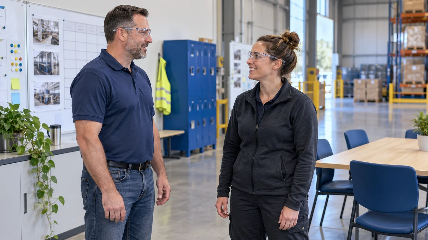 Manufacturing colleagues wearing safety glasses in a warehouse briefing area