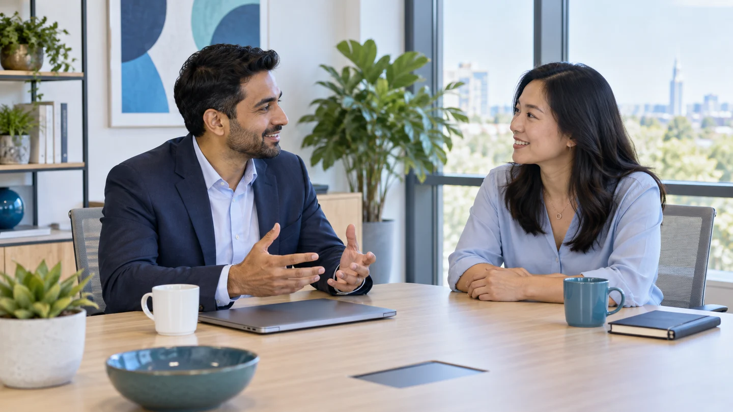 Two professionals discussing a client workflow in a meeting room